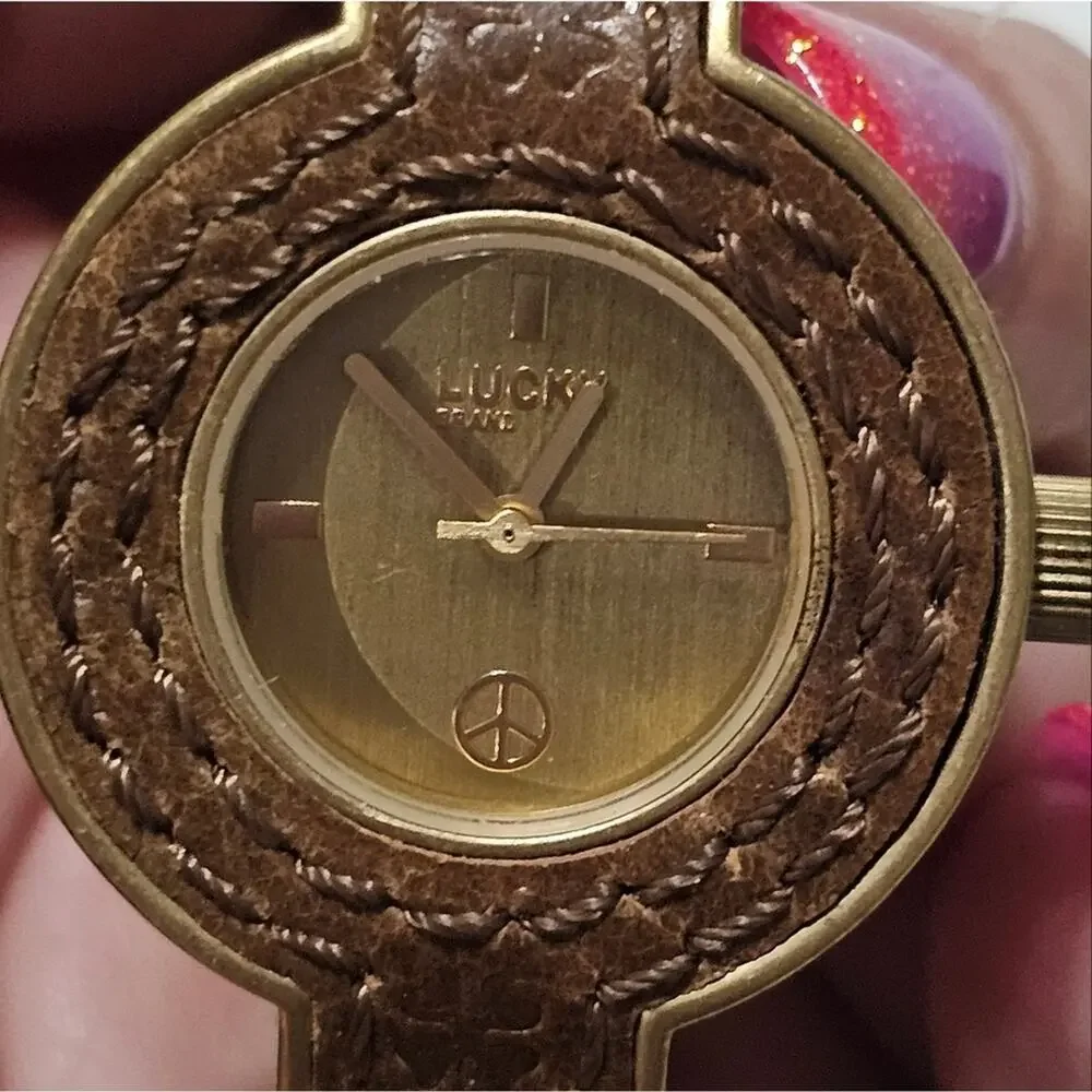 Lucky Brand Womens Boho Peace Sign Watch Brown Leather Gold Tone‎ Vintage